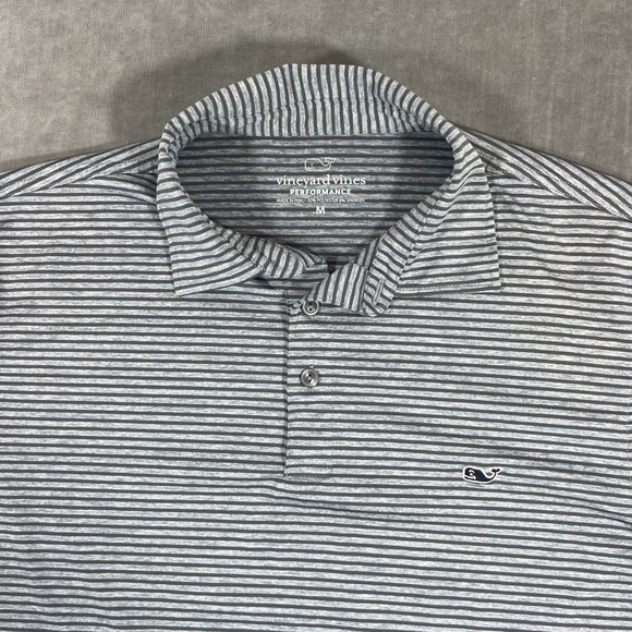 Vineyard Vines Performance Mens Medium Gray White Striped Golf Polo Shirt - Picture 2 of 6